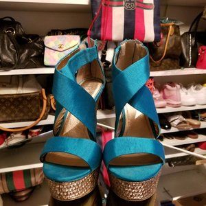 BCBG TURQUOISE SATIN WEDGE SANDAL